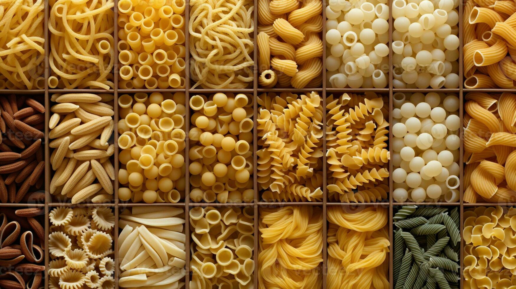 Generative AI, Variety of types, colors and shapes of Italian pasta, texture background photo