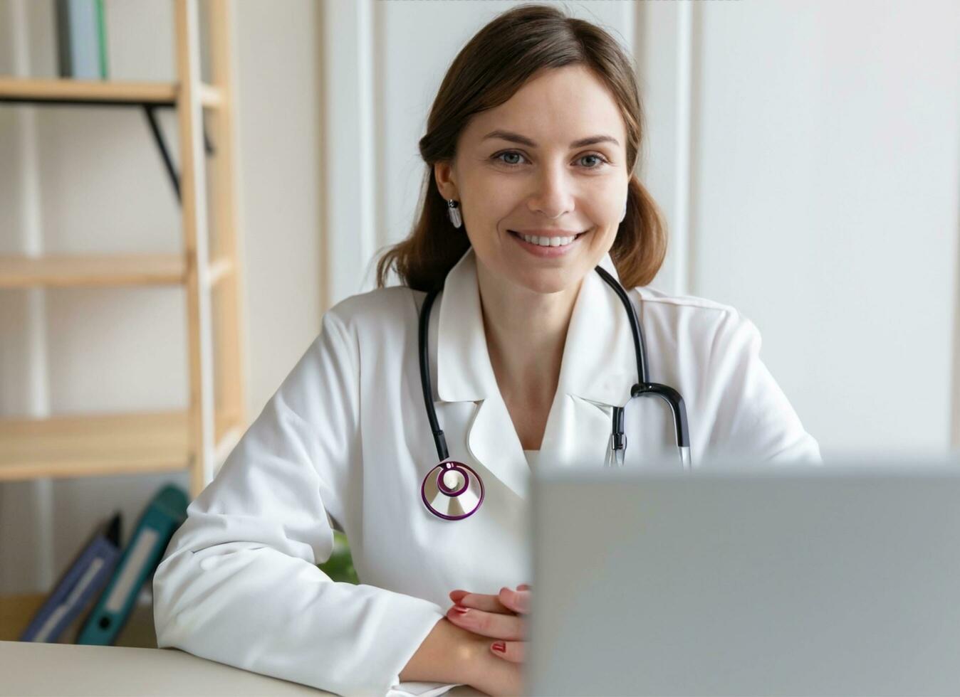 Doctor woman wearing white coat stethoscope on shoulders looking at camera, doctor make video call internet talk with patient provide help online counseling and therapy concept.AI-Generated. photo