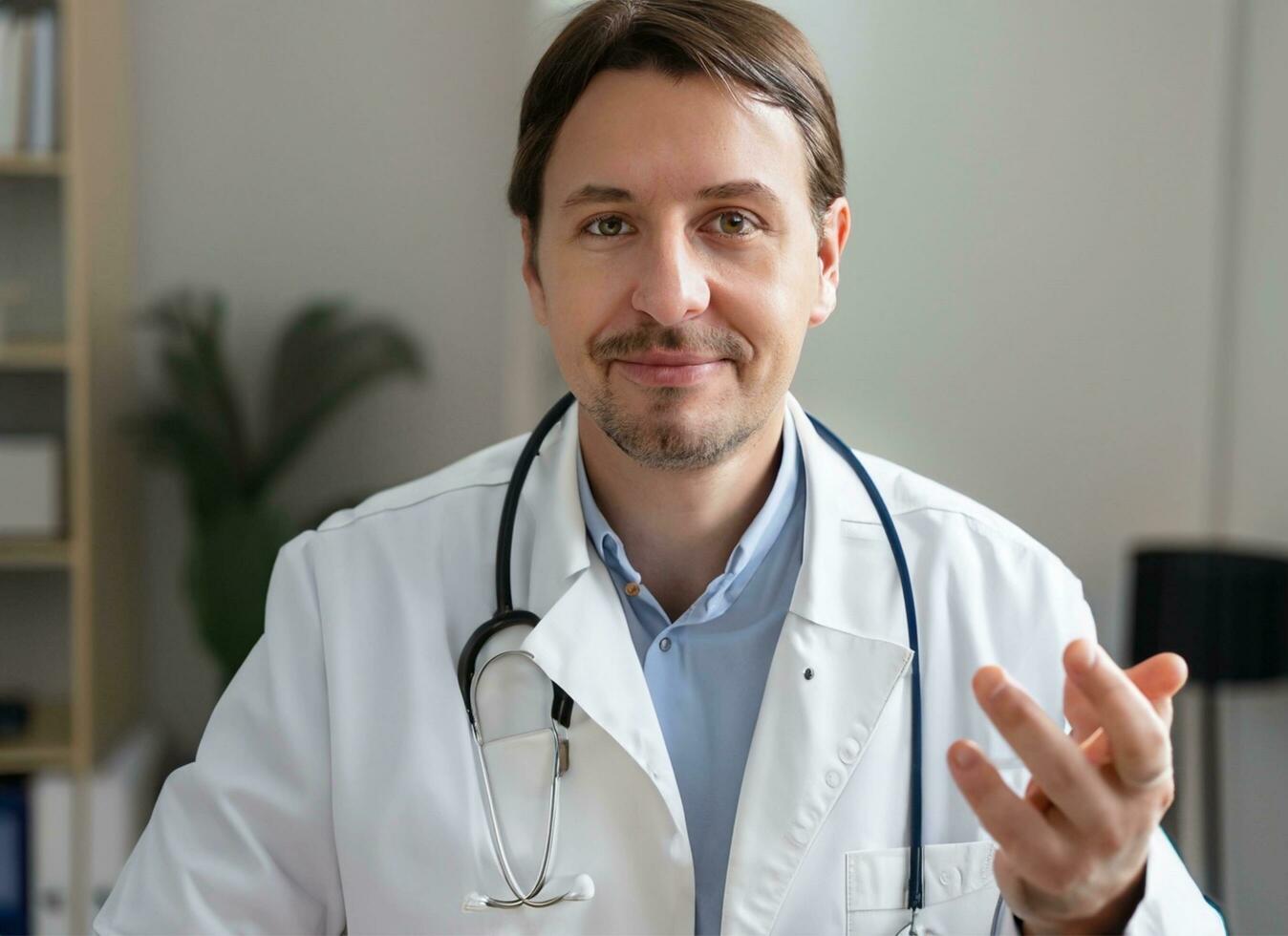 Doctor male wearing white coat stethoscope on shoulders looking at camera, doctor make video call internet talk with patient provide help online counseling and therapy concept.AI-Generated. photo