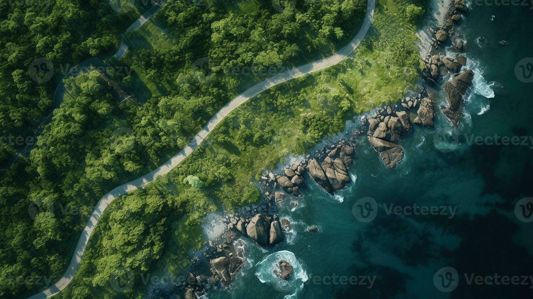 Generative AI, Aerial view of curved asphalt road near the ocean or sea, coastline photo