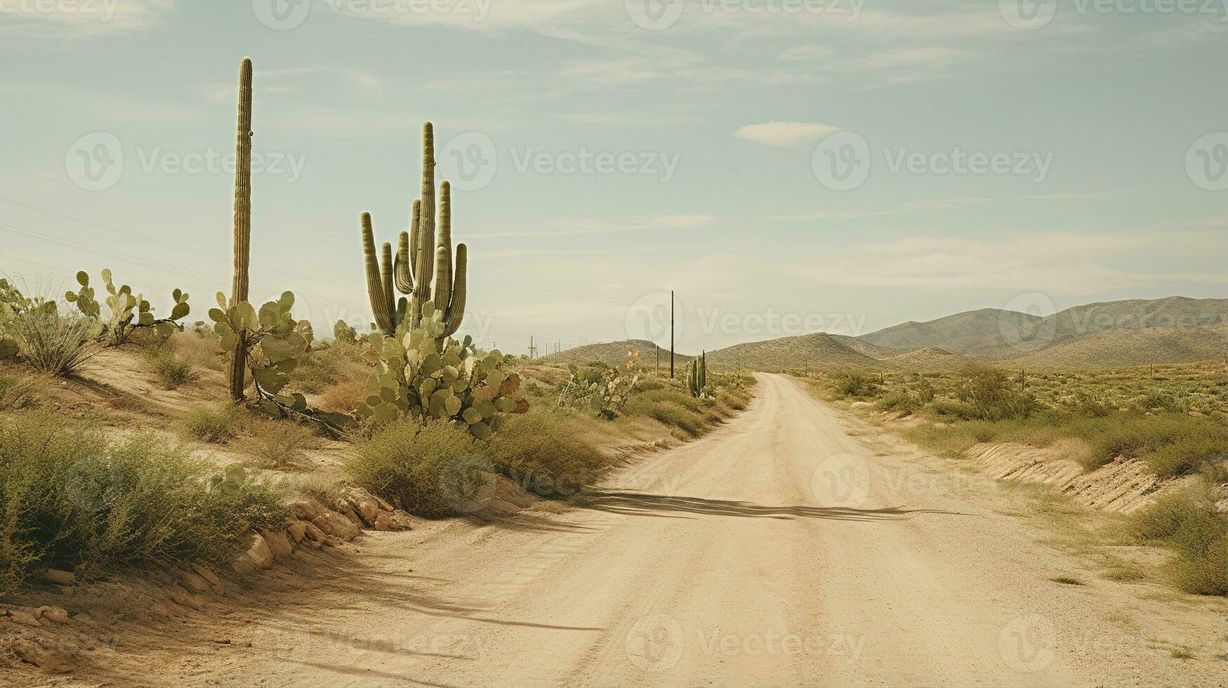 Generative AI, lonely road in the desert, aesthetic, muted neutral colors, cacti plants photo