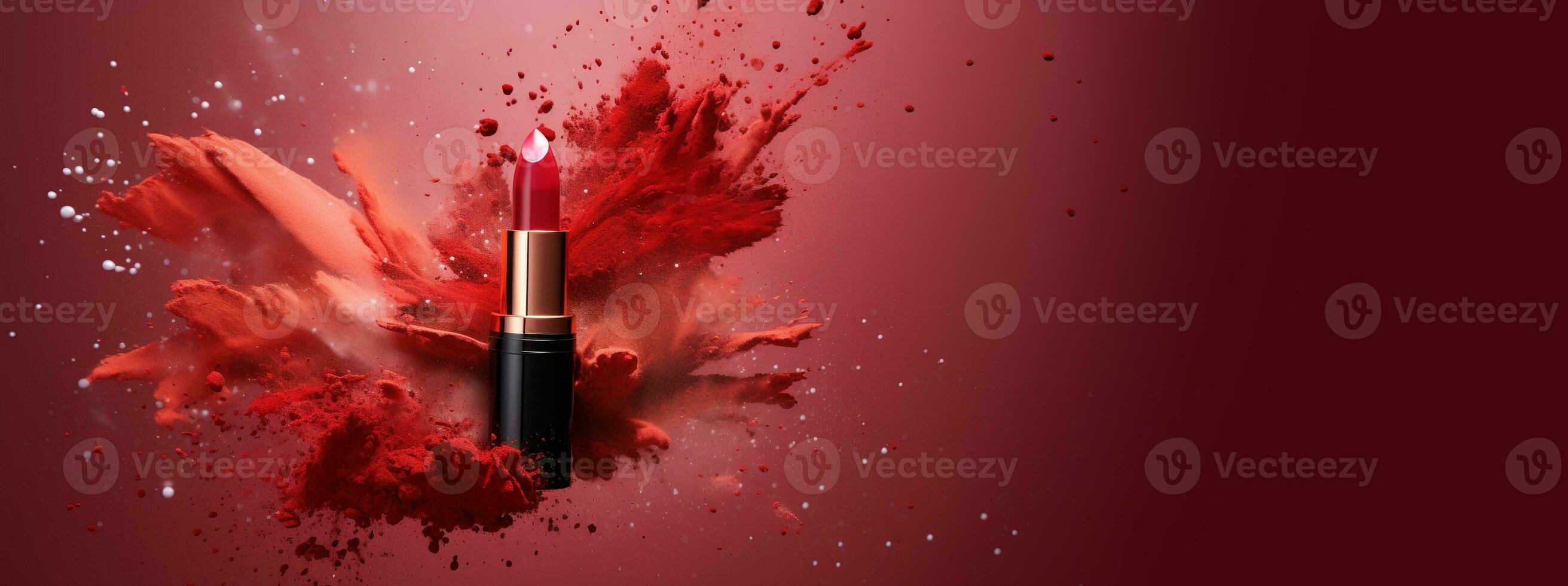 Generative AI, Red lipstick, powder splashes and smoke with copy space. photo