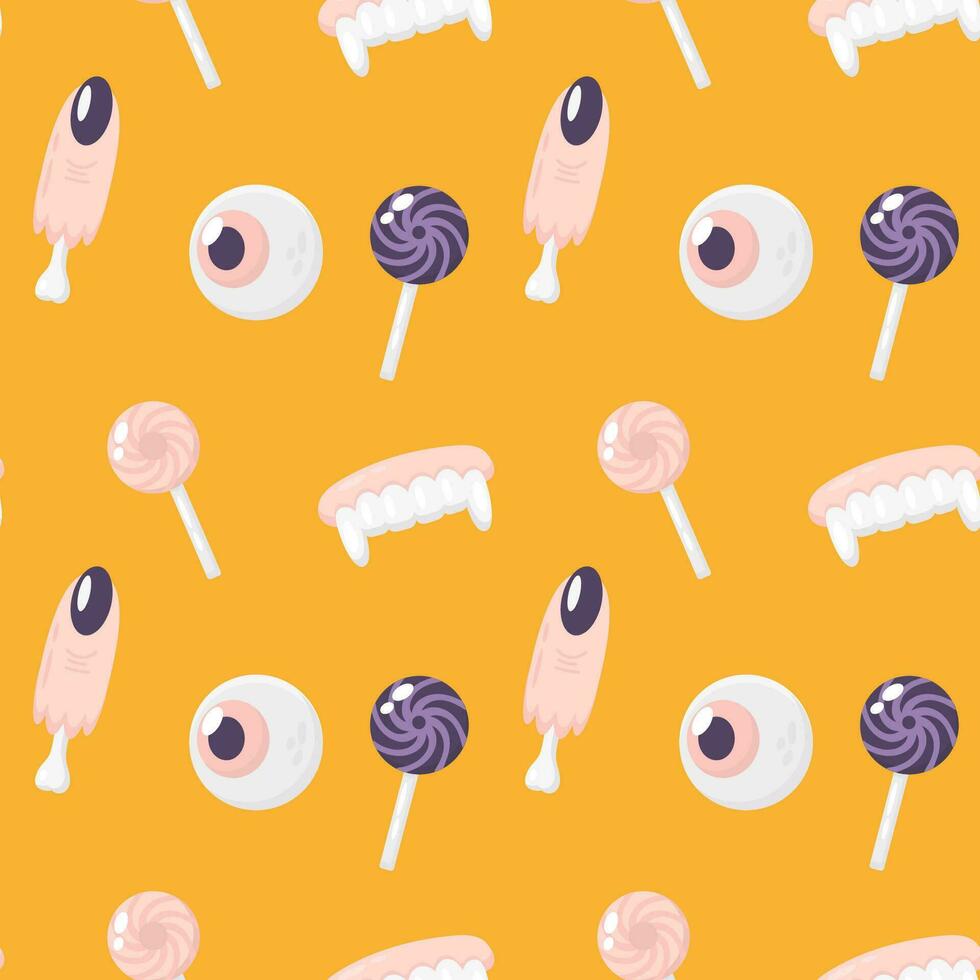 Halloween seamless pattern with human finger, teeth and candy vector