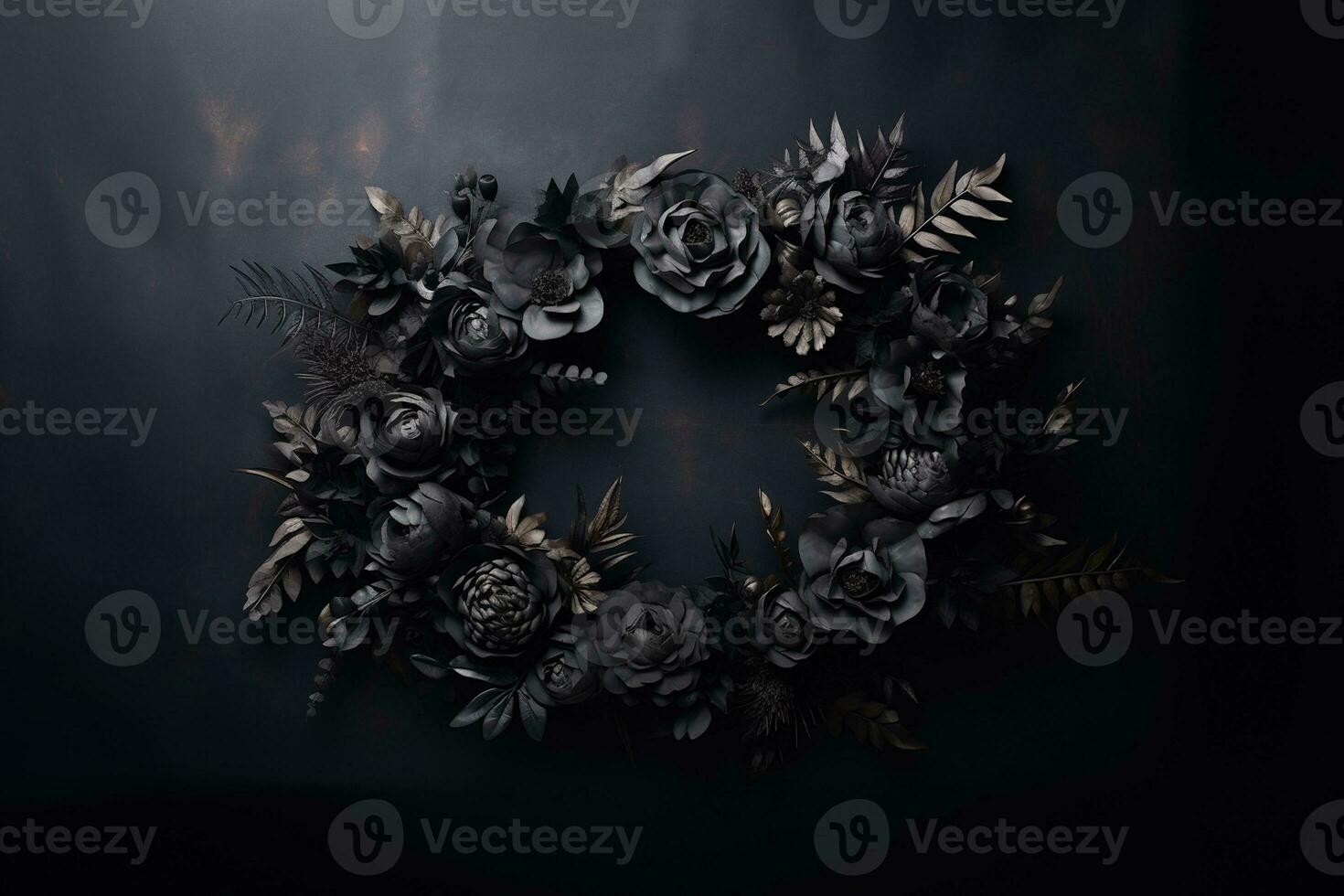 Generative AI, Close up wreath, blooming flowerbeds of amazing black flowers on dark moody floral textured background. photo