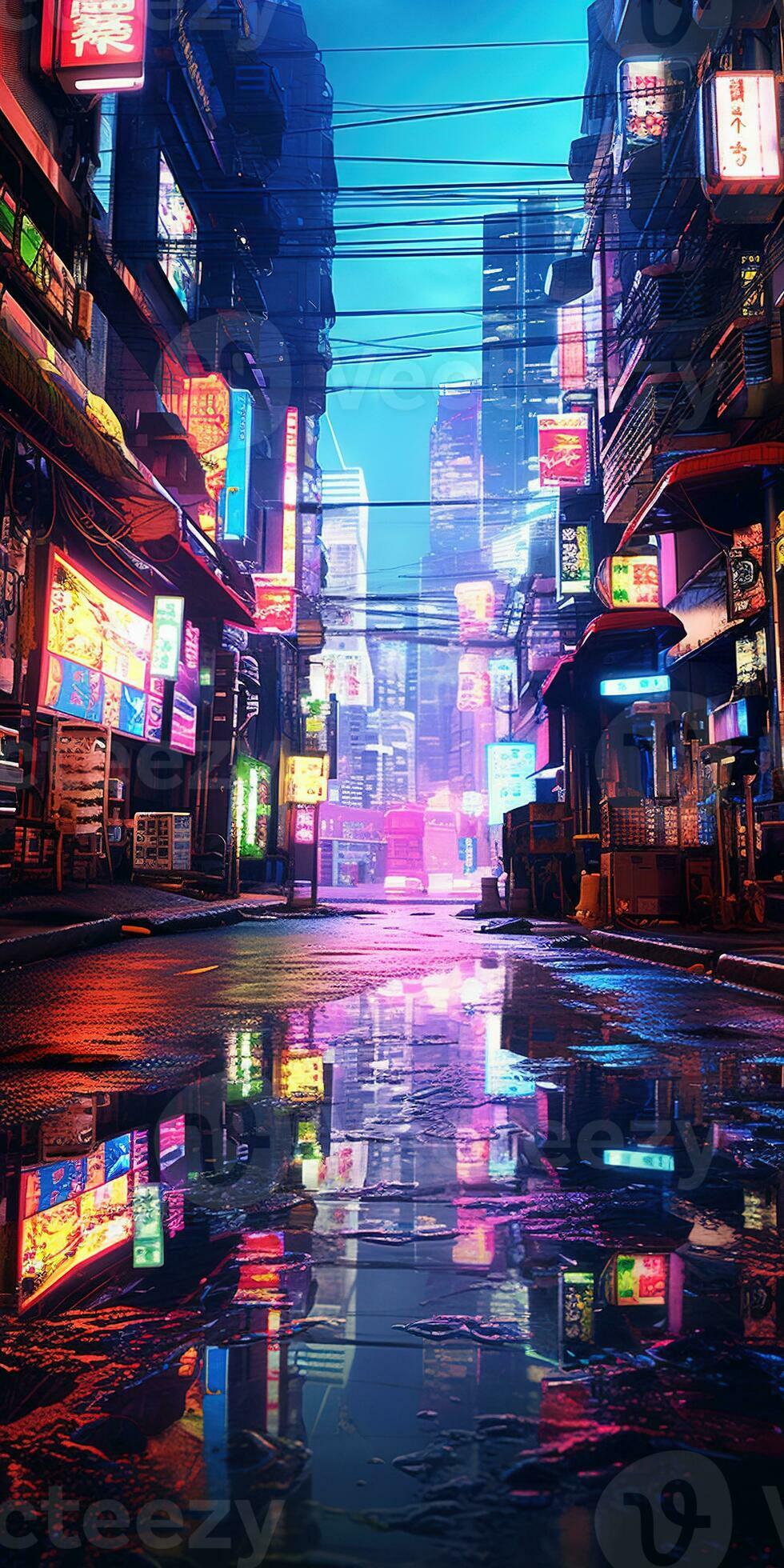 Generative AI, Night scene of after rain city in cyberpunk style,  futuristic nostalgic 80s, 90s. Neon lights vibrant colors, photorealistic  vertical illustration. 28891087 Stock Photo at Vecteezy