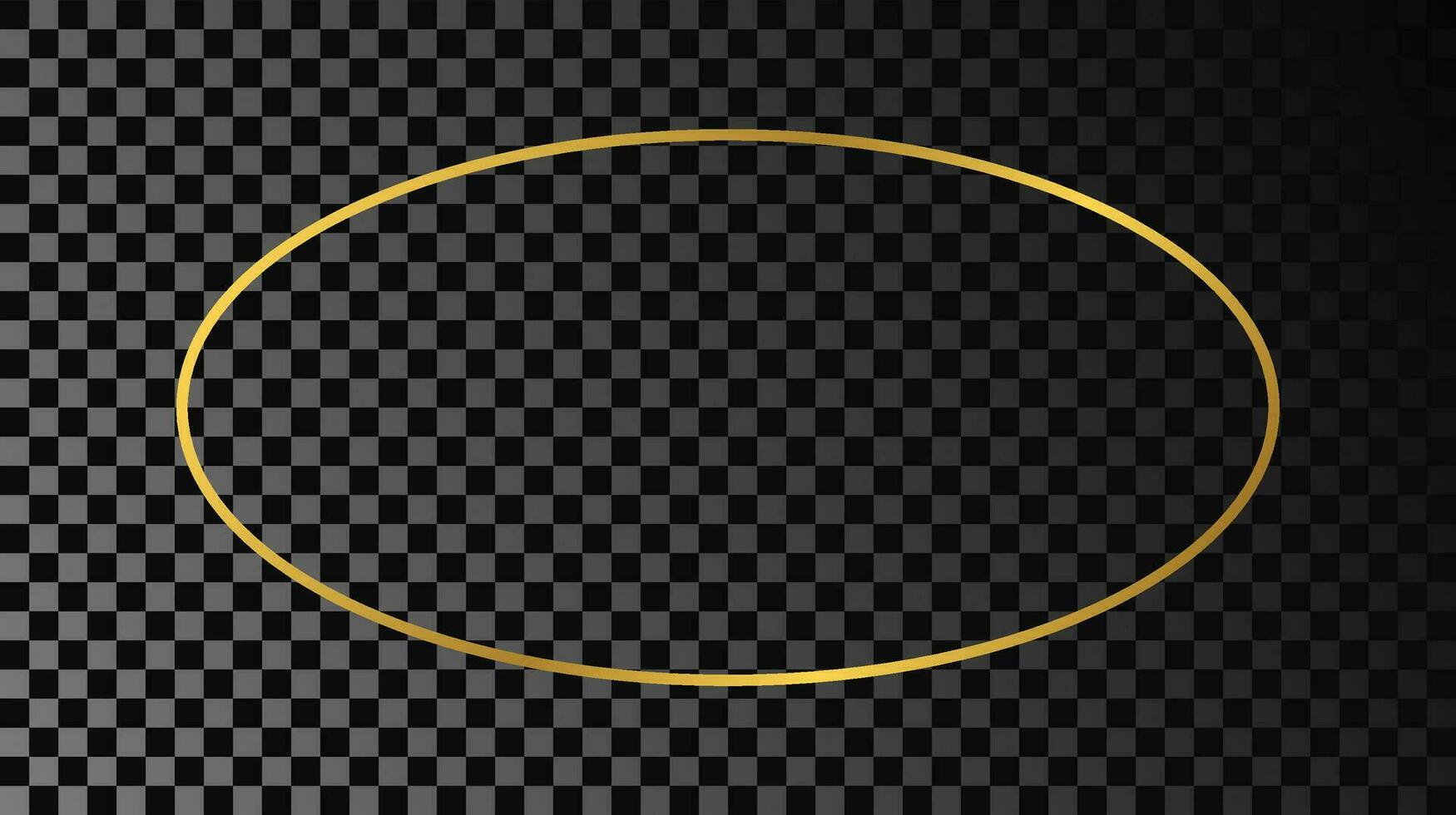 Gold glowing oval shape frame isolated on dark background. Shiny frame with glowing effects. Vector illustration.