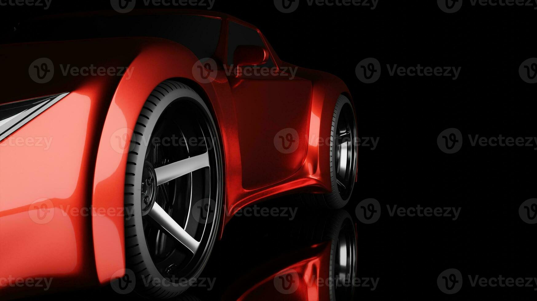 Glossy red sport car in black scene photo