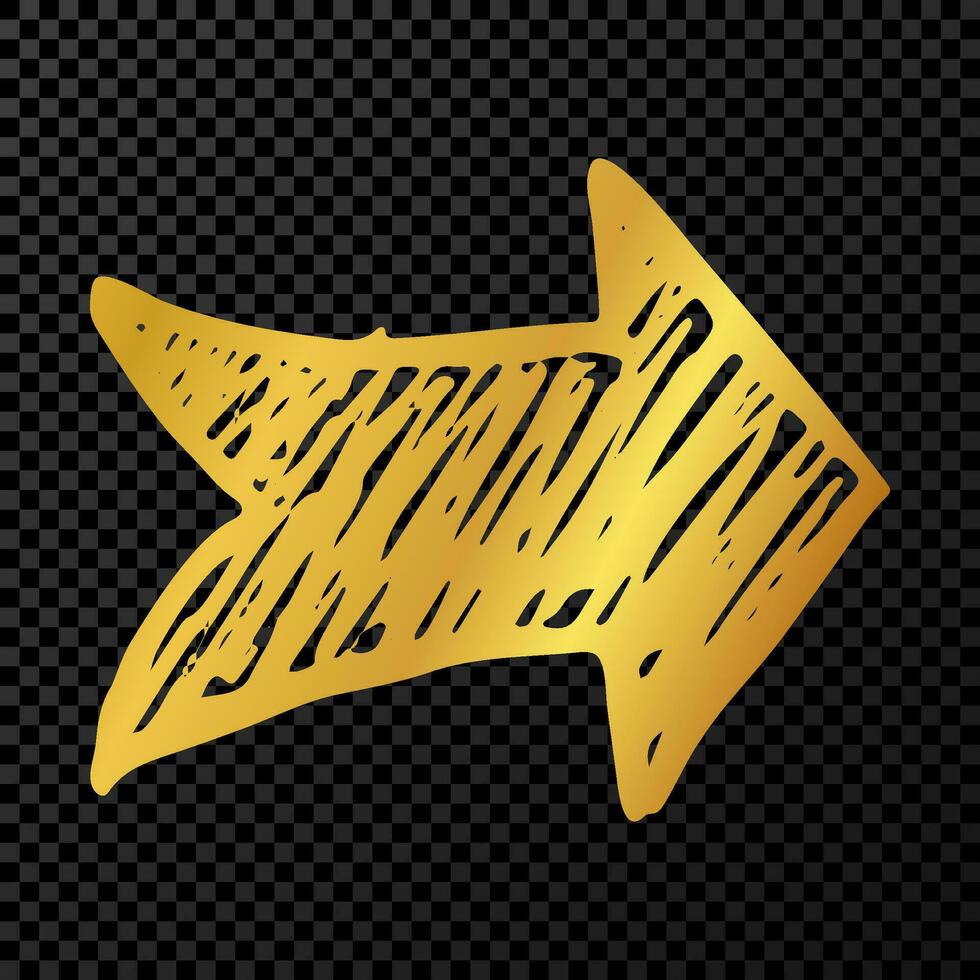 Gold hand drawn arrow. Sketch of gold doodle arrow isolated on dark background. Vector illustration.