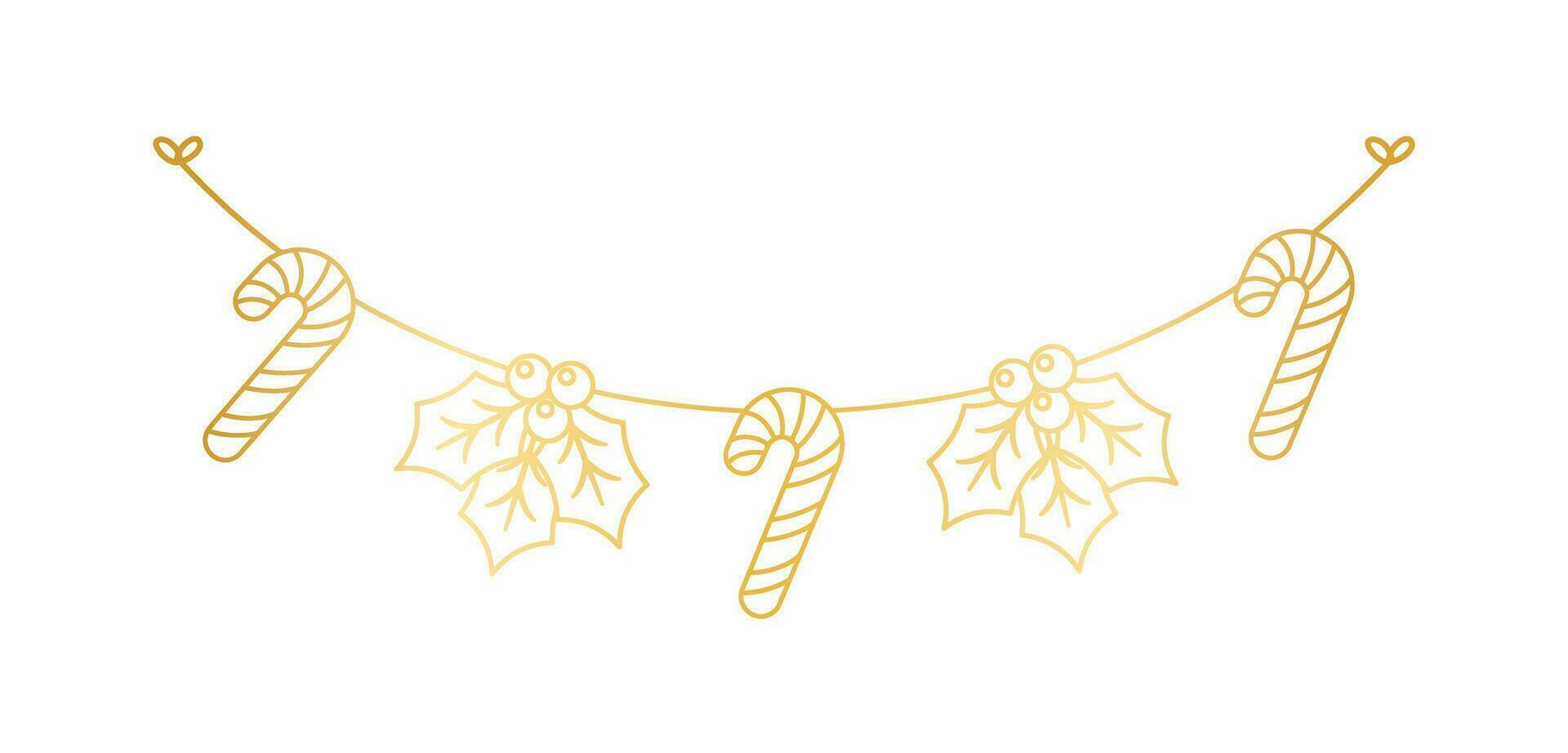 Gold Christmas Mistletoe and Candy Cane Garland Outline Doodle Vector Illustration, Christmas Festive Winter Holiday Season Bunting