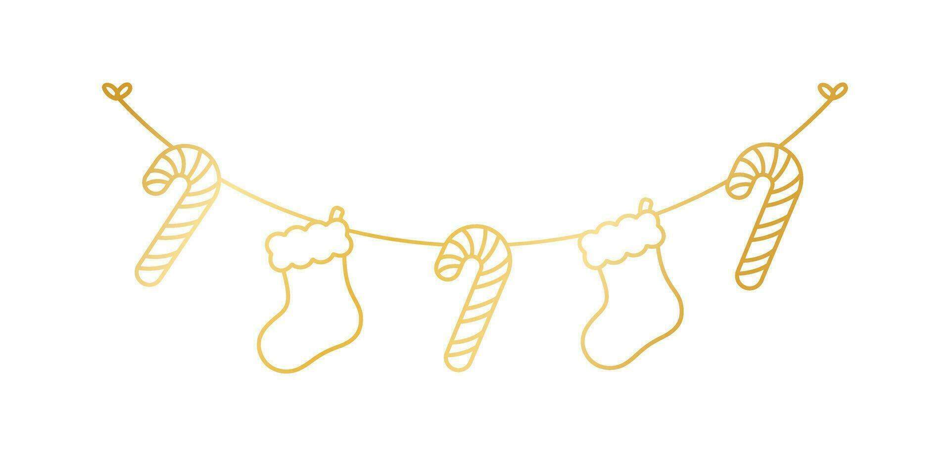Gold Christmas Stocking and Candy Cane Garland Outline Doodle Set Vector Illustration, Christmas Graphics Festive Winter Holiday Season Bunting