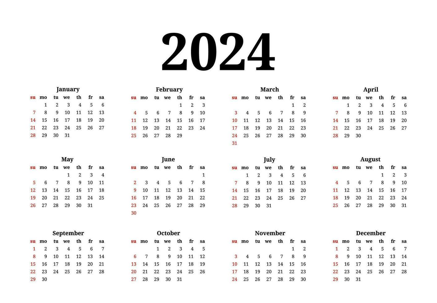 Calendar for 2024 isolated on a white background vector