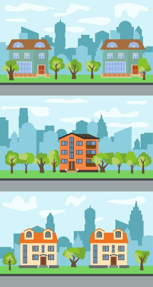 Set of three vector illustrations of city street with cartoon houses and trees. Summer urban landscape. Street view with cityscape on a background