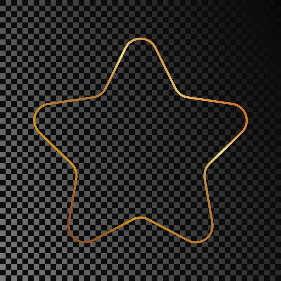 Gold glowing rounded star shape frame isolated on dark background. Shiny frame with glowing effects. Vector illustration.