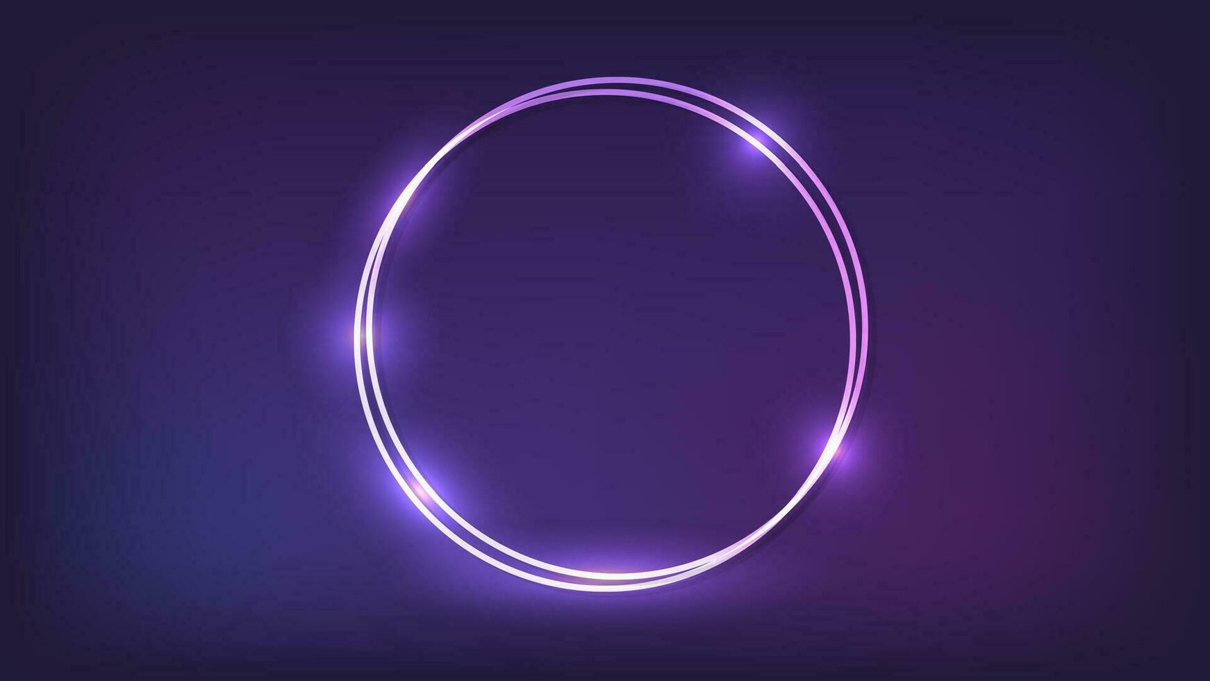 Neon double round frame with shining effects on dark background. Empty glowing techno backdrop. Vector illustration.