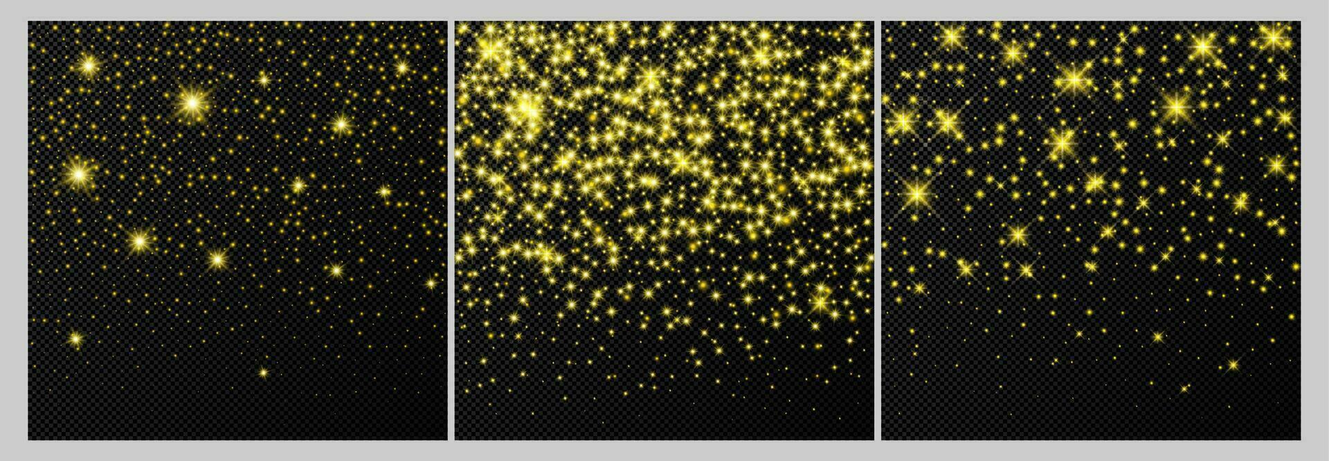Set of three gold backdrops with stars and dust sparkles isolated on dark background. Celebratory magical Christmas shining light effect. Vector illustration.