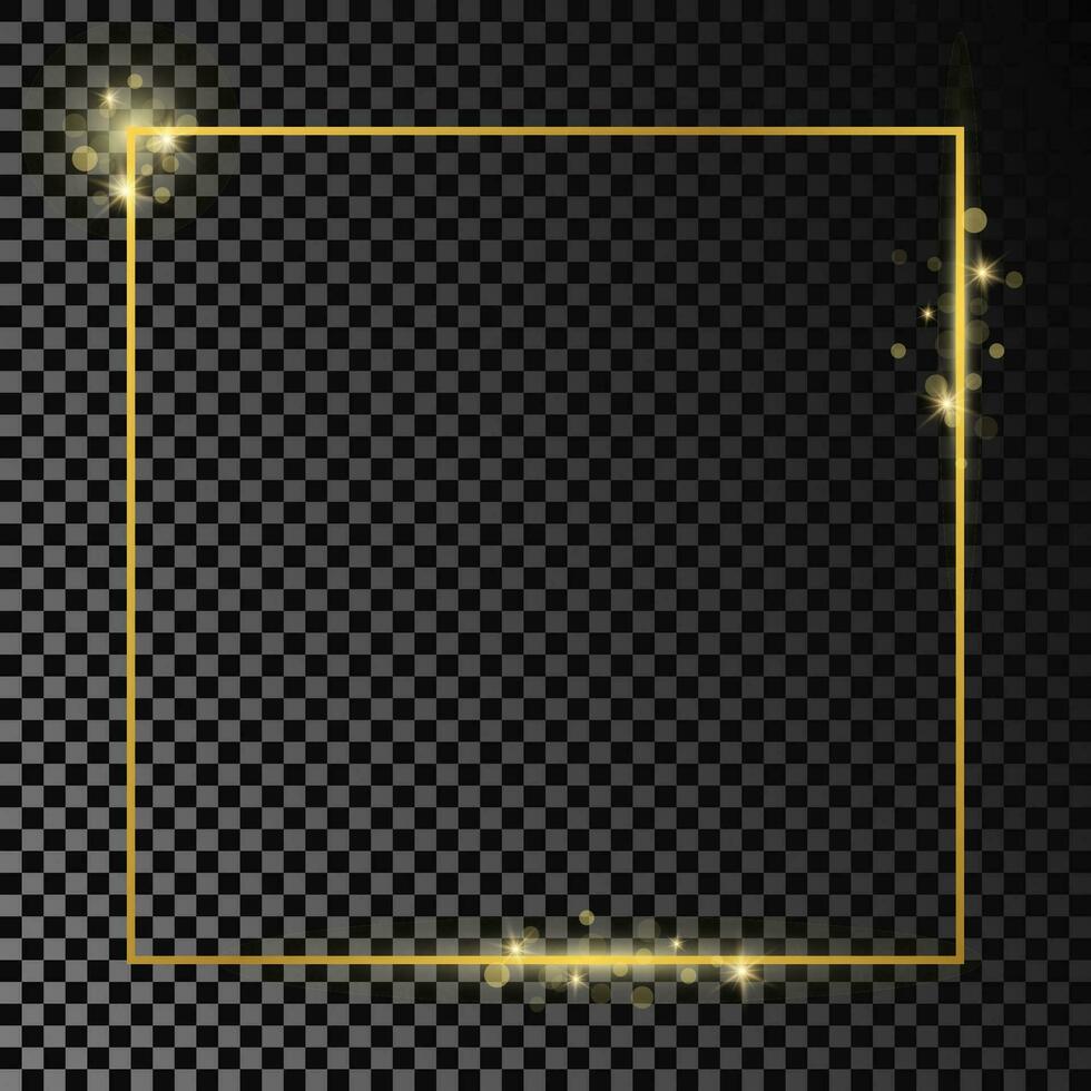 Gold glowing square frame isolated on dark background. Shiny frame with glowing effects. Vector illustration.