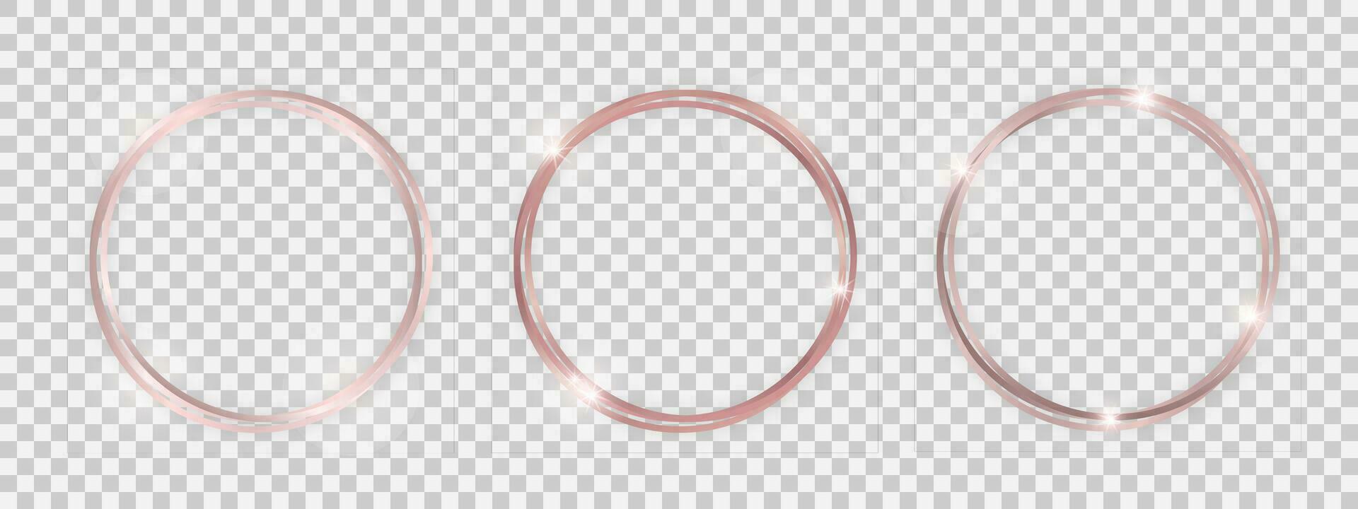 Double round shiny frames with glowing effects. Set of three rose gold double round frames with shadows on background. Vector illustration