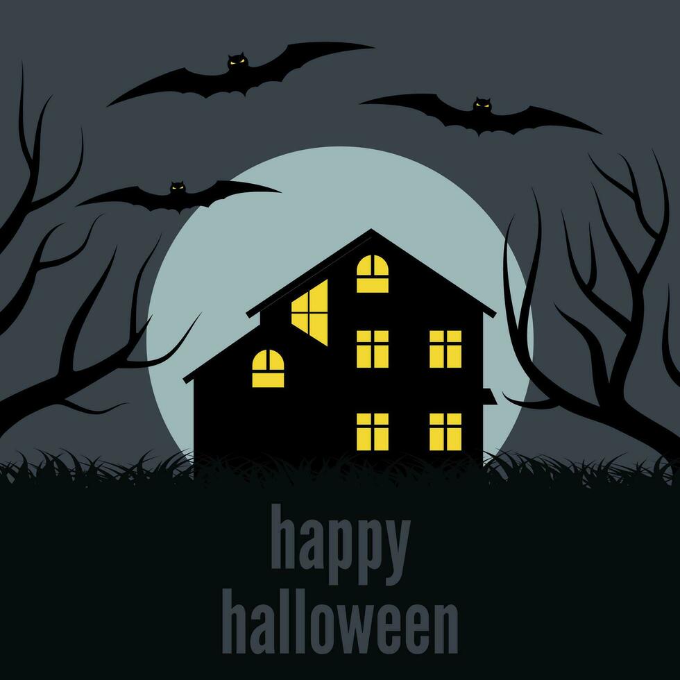 una casa solitaria en la noche frente a la luna. vector de fondo para halloween