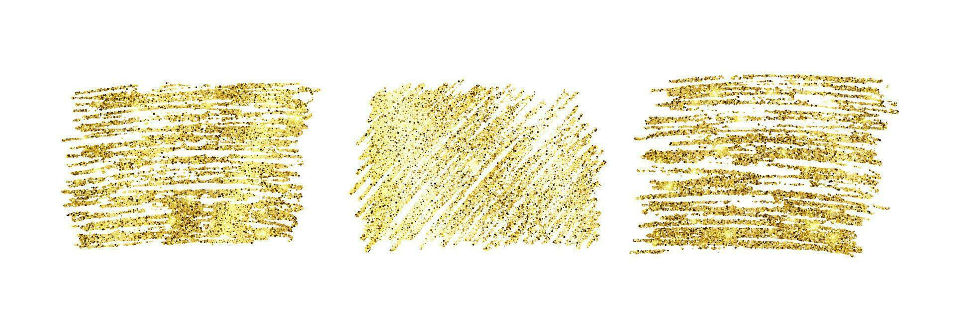 Set of three golden paint glittering backdrops on a white background. Background with gold sparkles and glitter effect. Empty space for your text.  Vector illustration