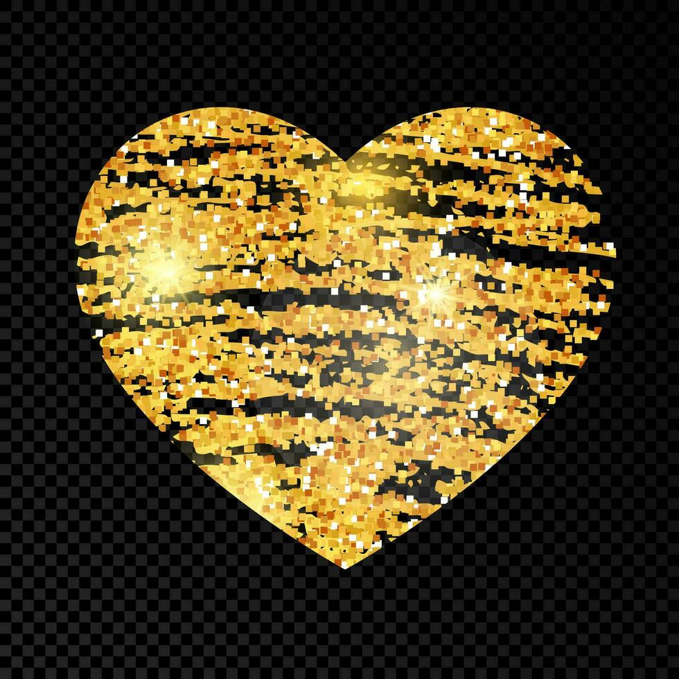 Heart with golden glittering scribble paint on dark background. Background with gold sparkles and glitter effect. Empty space for your text. Vector illustration