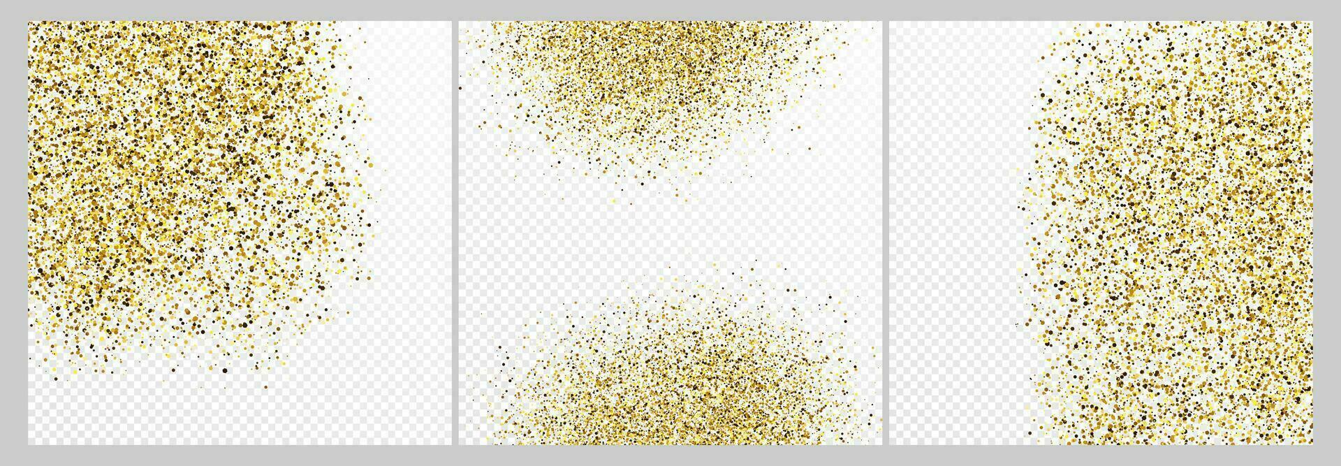 Set of three gold glitter confetti backdrops isolated on white backgrounds. Celebratory texture with shining light effect. Vector illustration.