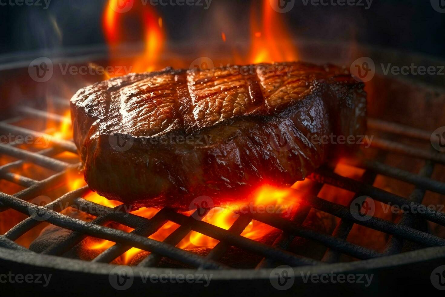 Beef steak on the grill with flames. BBQ food. Delicious food. AI generate photo