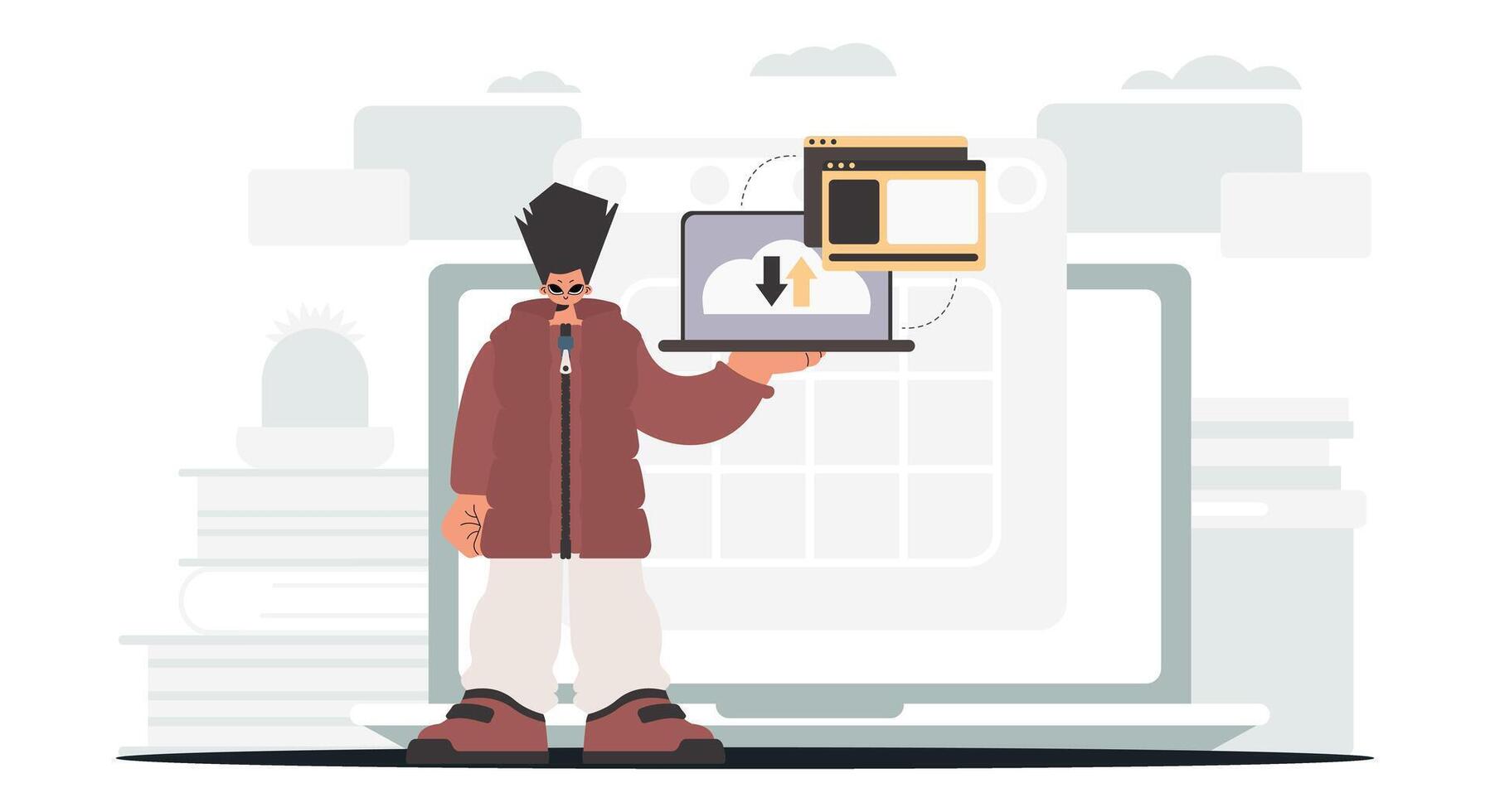 A man holding a laptop and a tablet vector