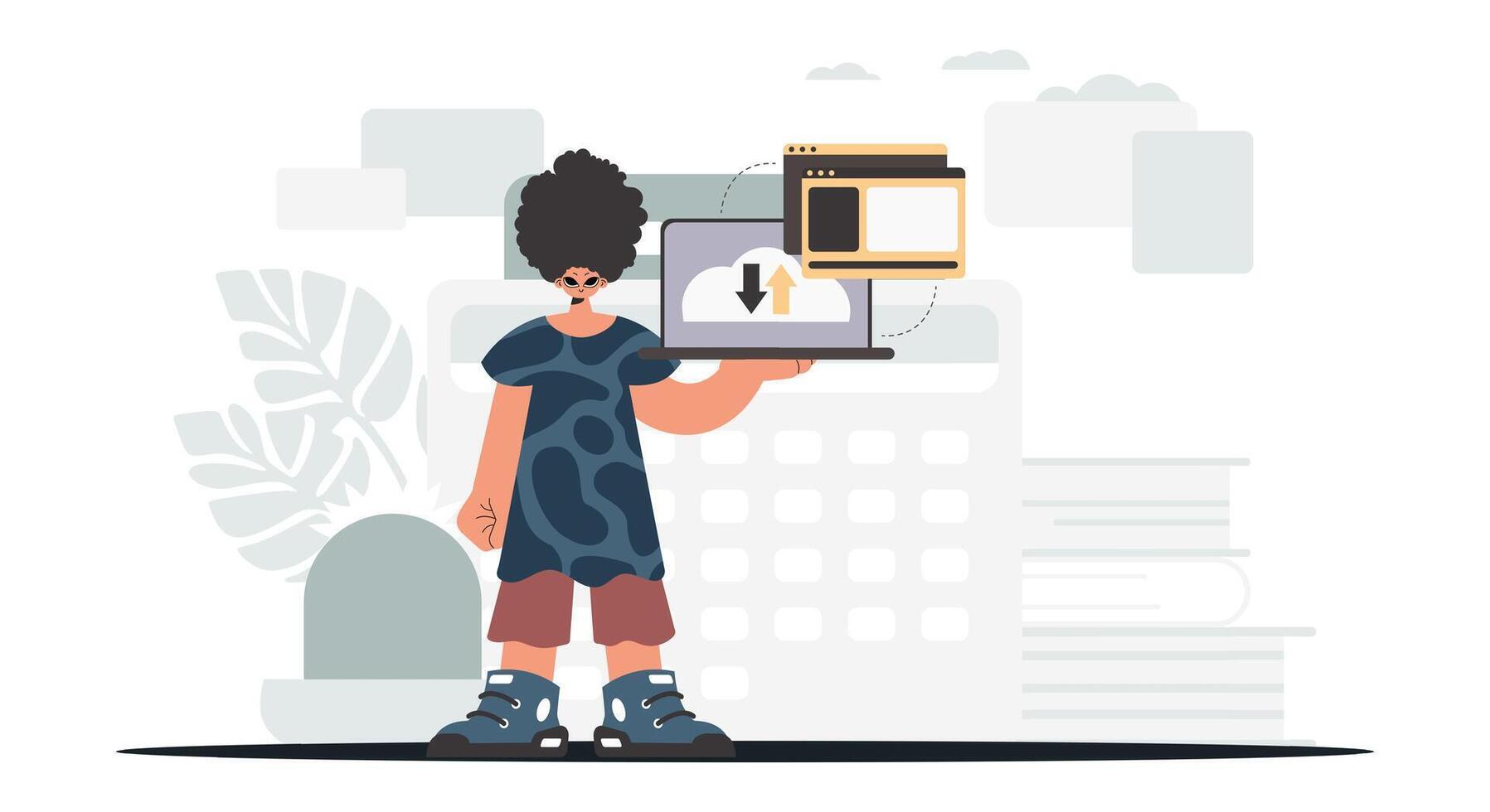 A woman holding a laptop and a computer vector