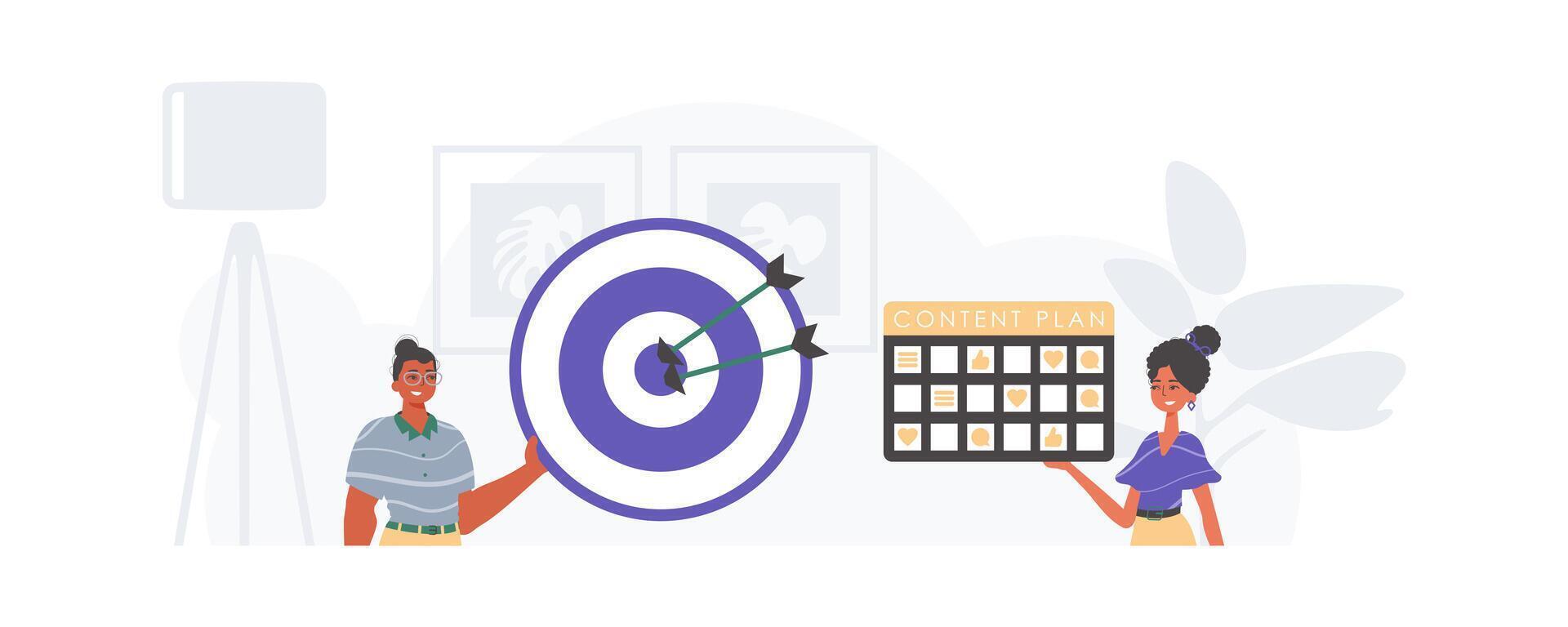 A man and woman are holding a dartboard with a target on it vector