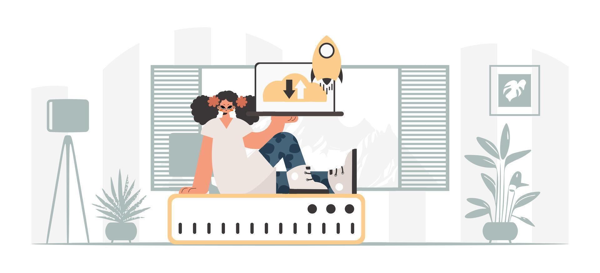 A woman sitting on a computer with a rocket in the background vector