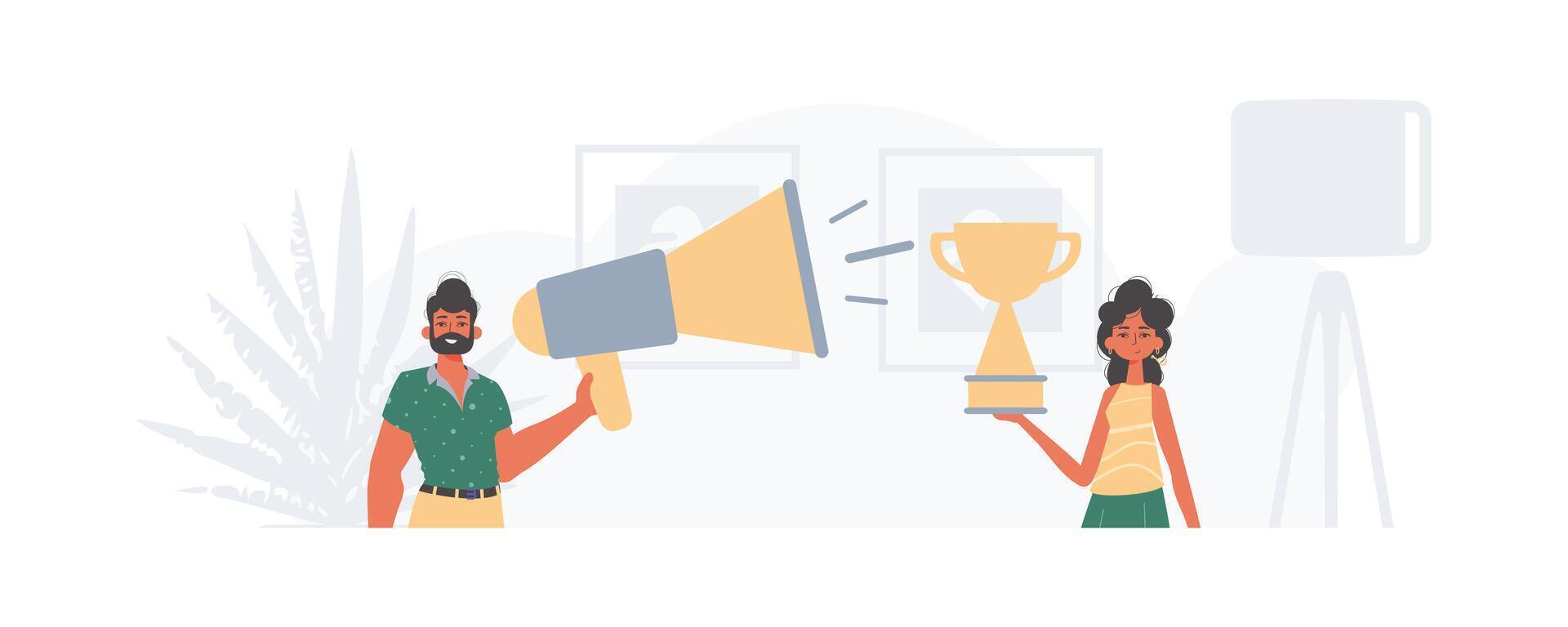 Two people holding up a trophy and a megaphone vector