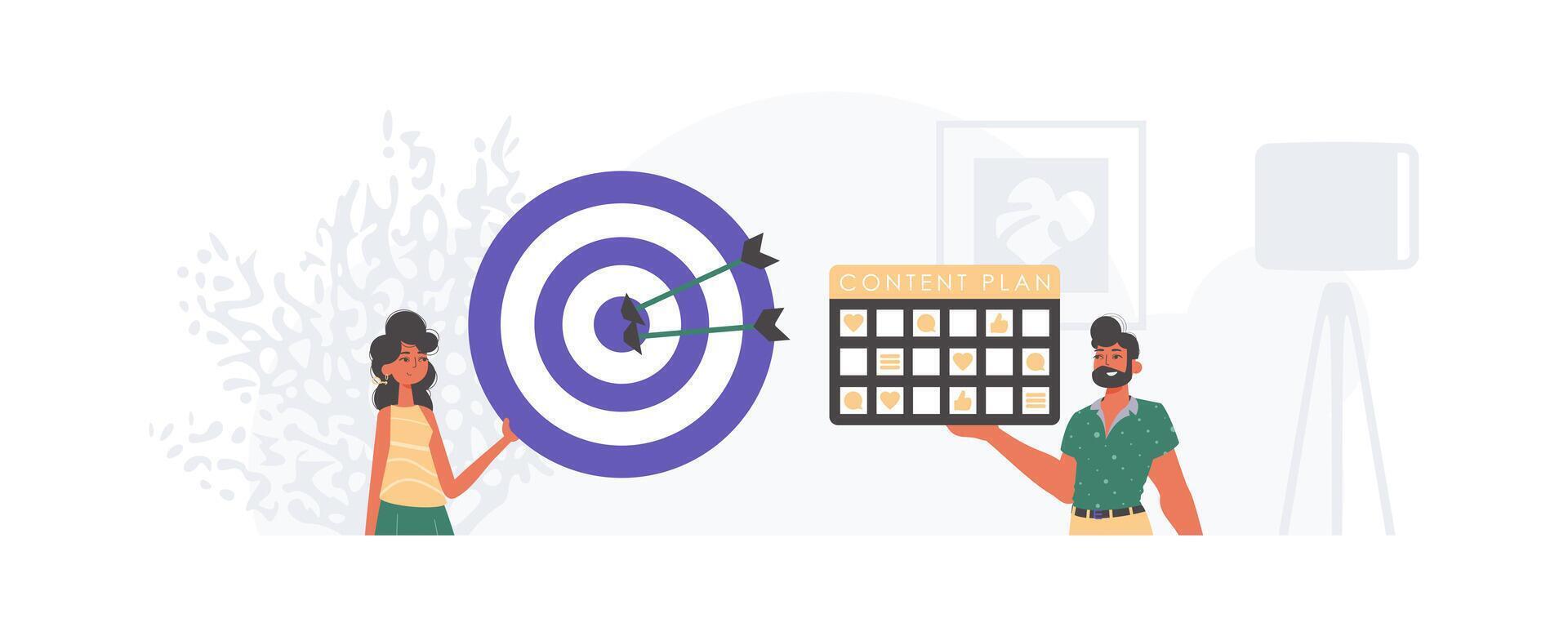 A man and woman are holding a dartboard with a target on it vector