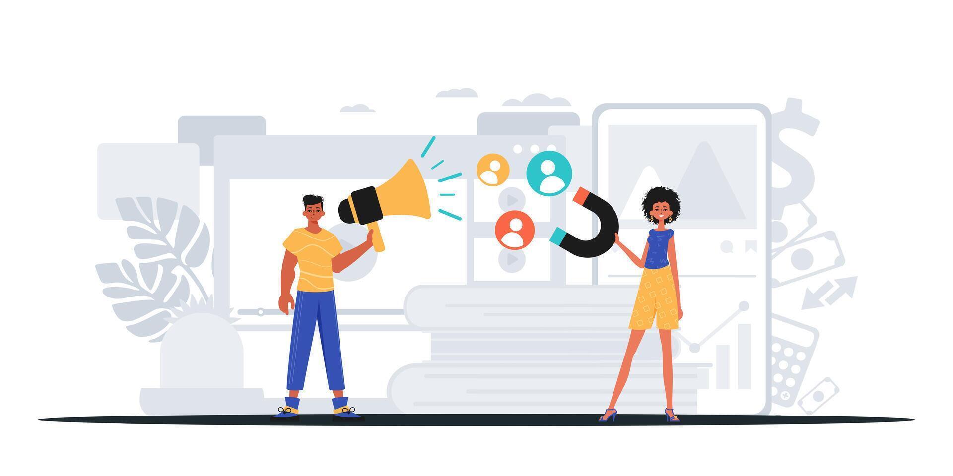 A man and woman are standing next to each other with a phone and a megaphone vector