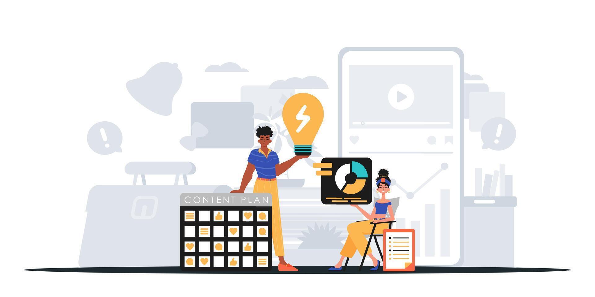 A man and woman are working on a laptop and a phone vector