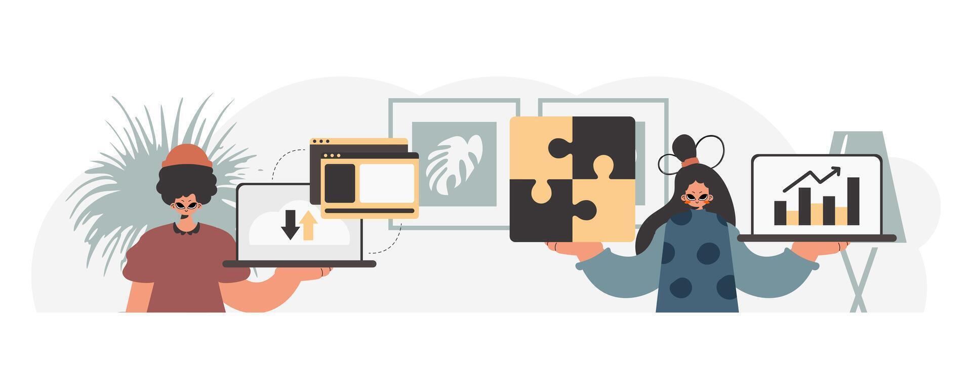 Two people holding up a laptop and a piece of paper vector