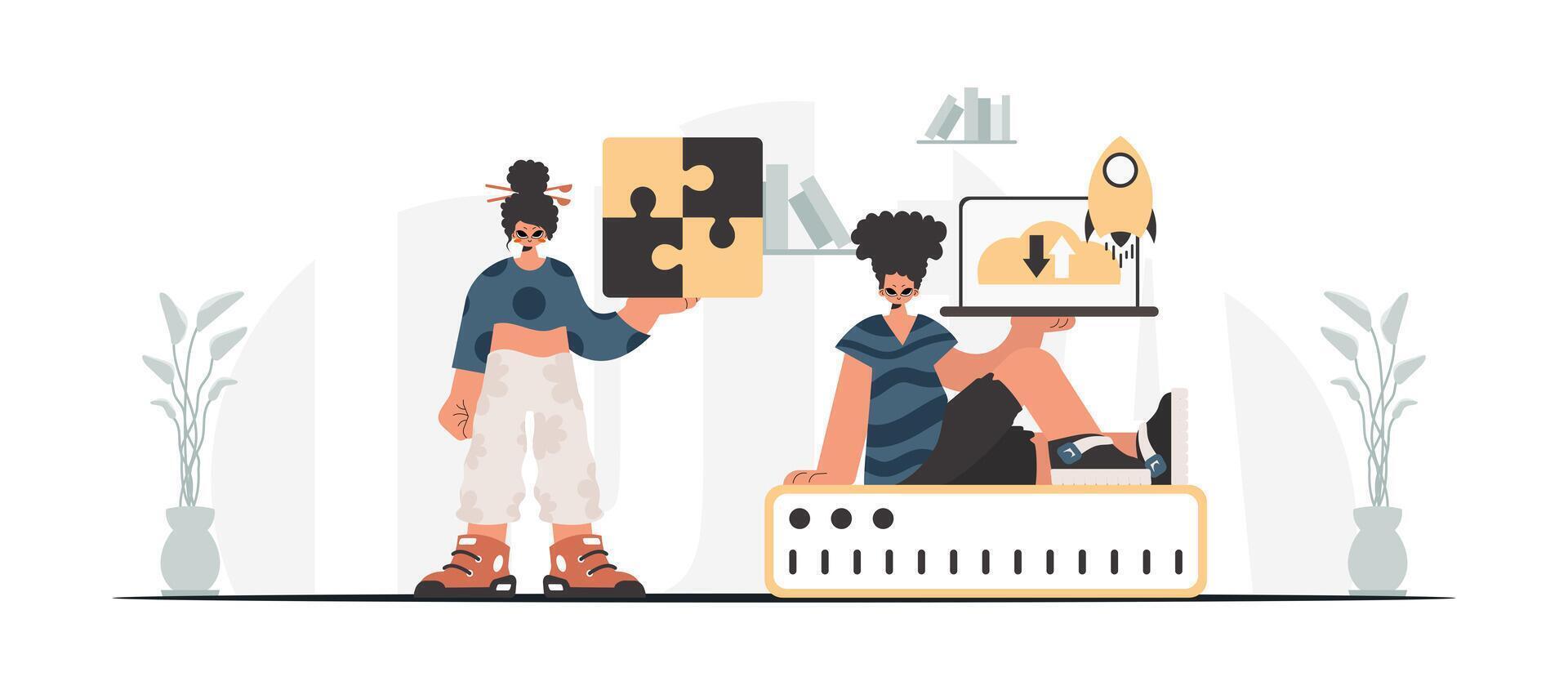 Two people are holding puzzle pieces and a laptop vector