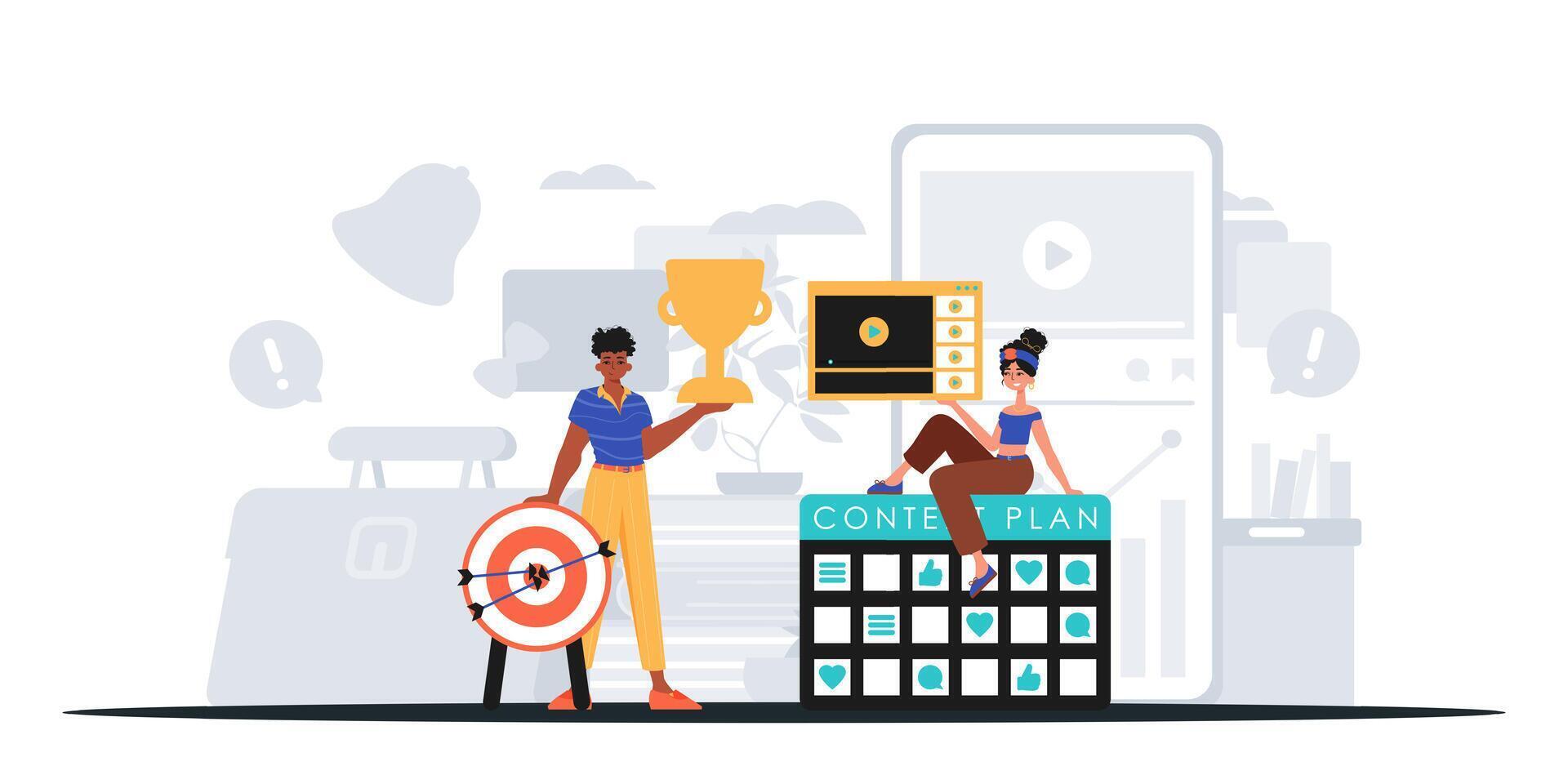 A man and woman are standing next to a board with a target and a phone vector