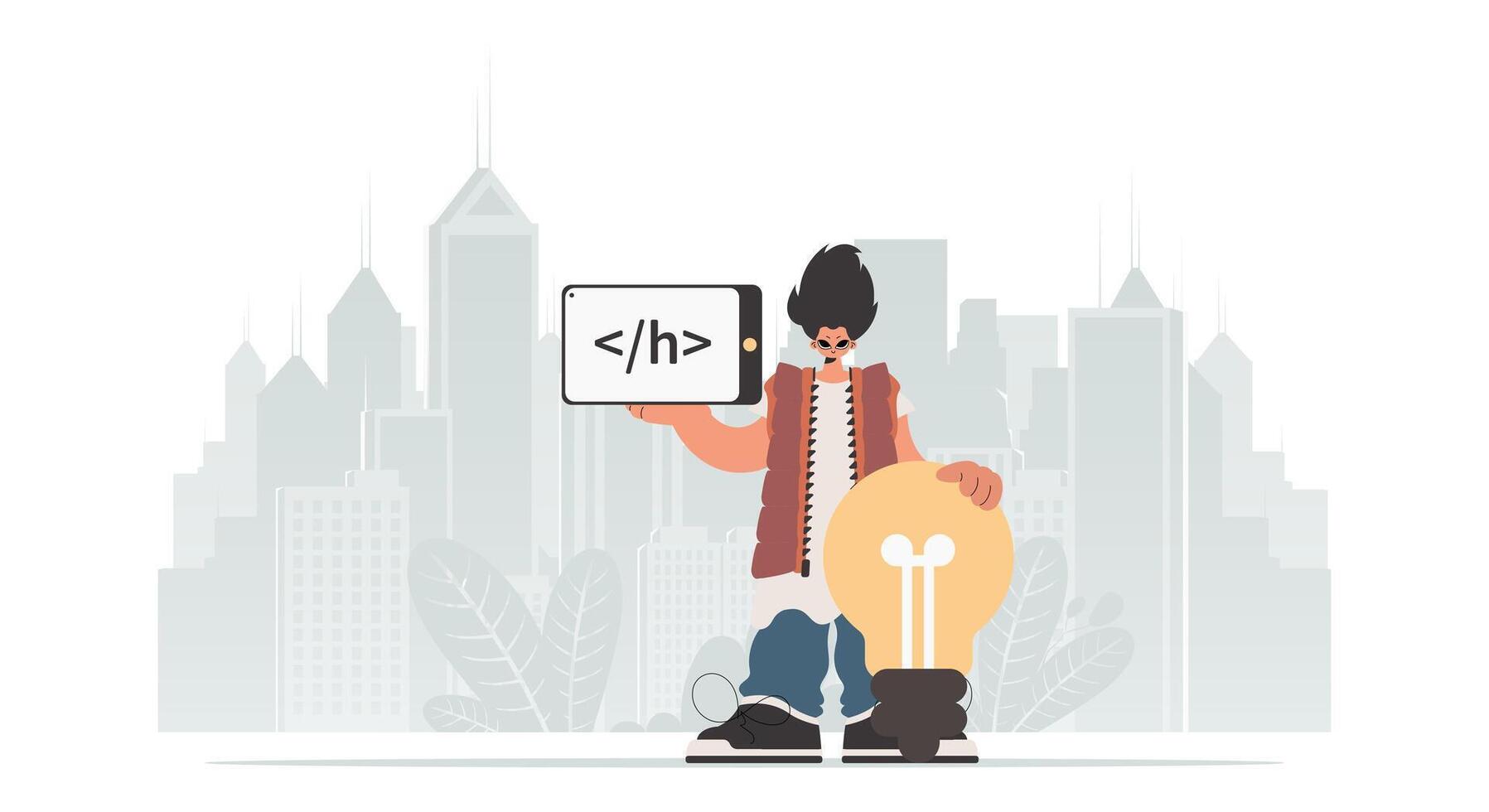 The individual is holding a browser window with a programming picture, and to boot standing near a colossal light bulb. Trendy style, Vector Illustration