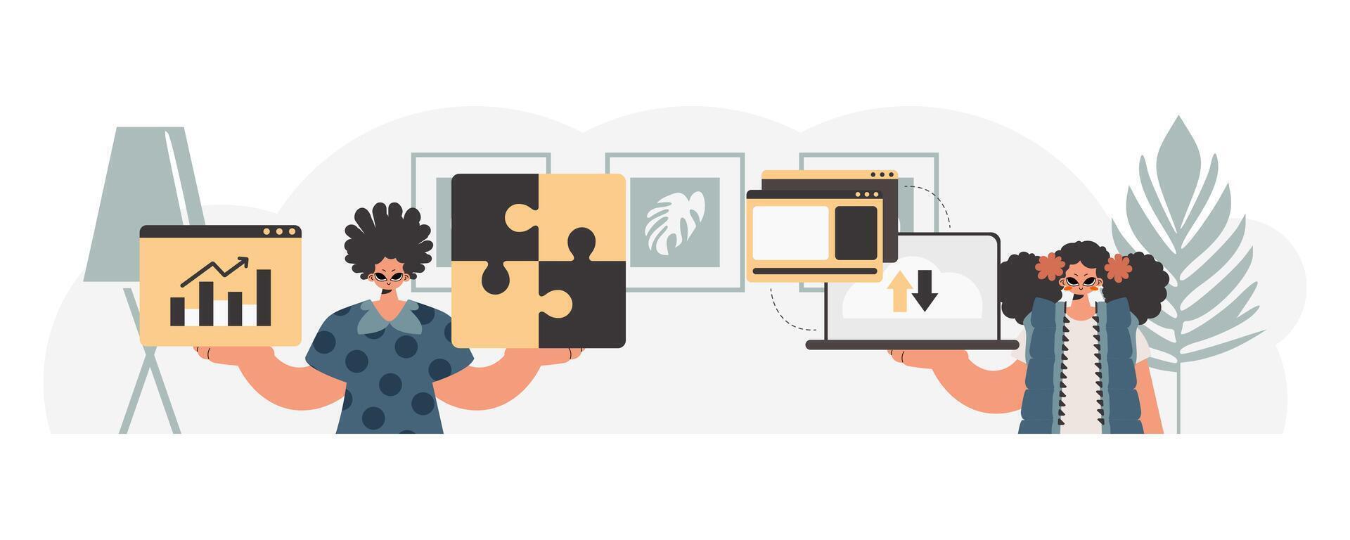 Two people holding up a laptop and a tablet vector