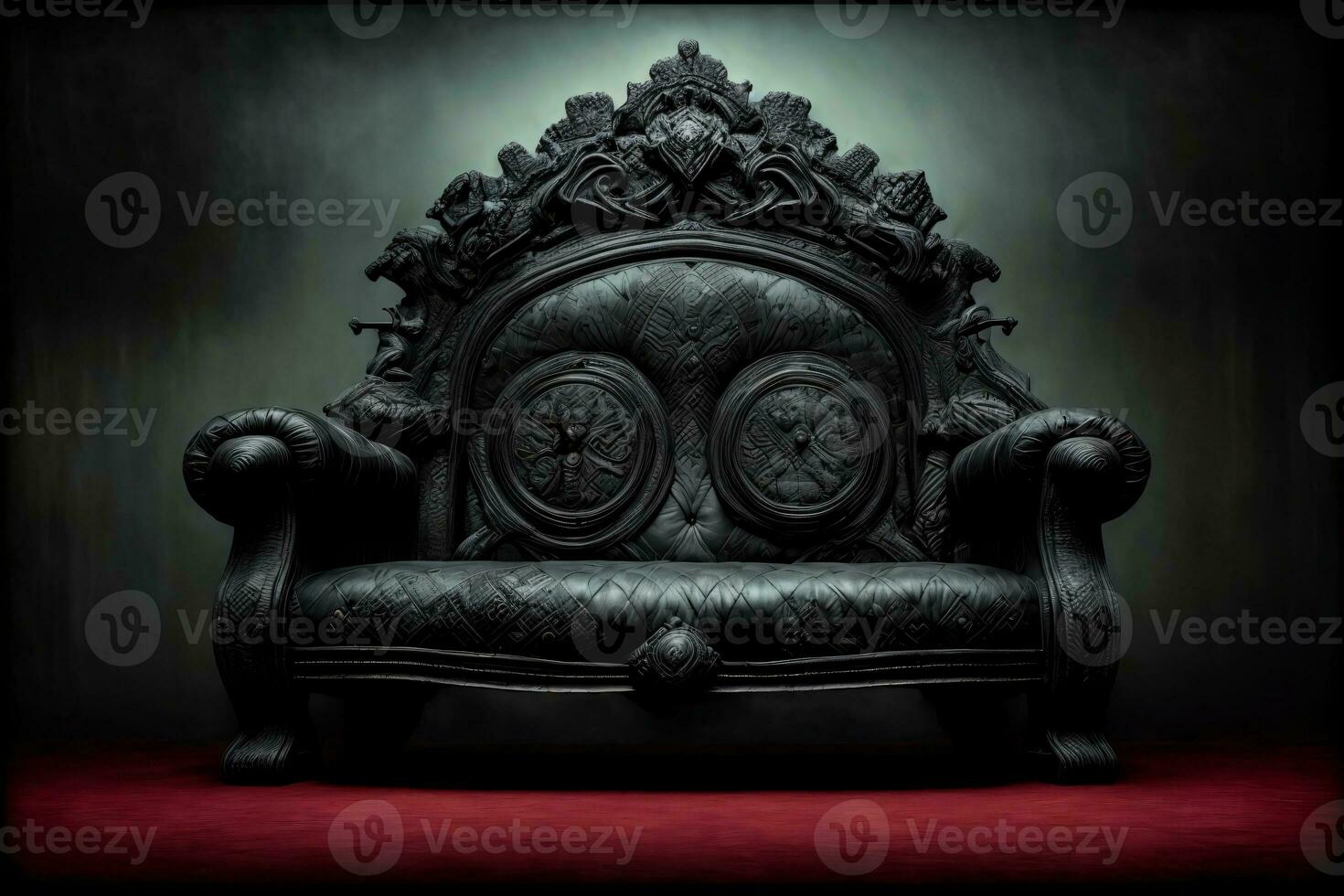 A Black Chair Sitting On Top Of A Red Carpet. AI Generated photo