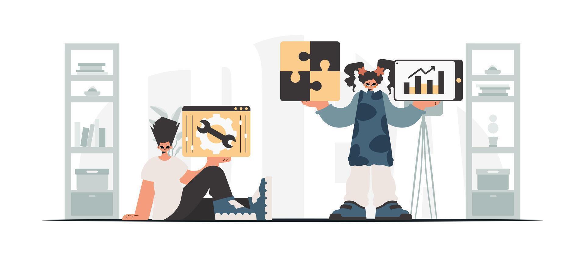 Two people are holding up pieces of paper with a puzzle on them vector