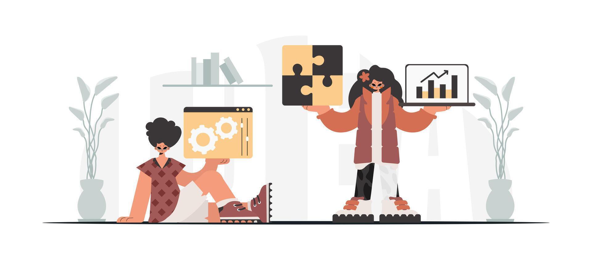 Two people are sitting on a couch and holding up a laptop vector