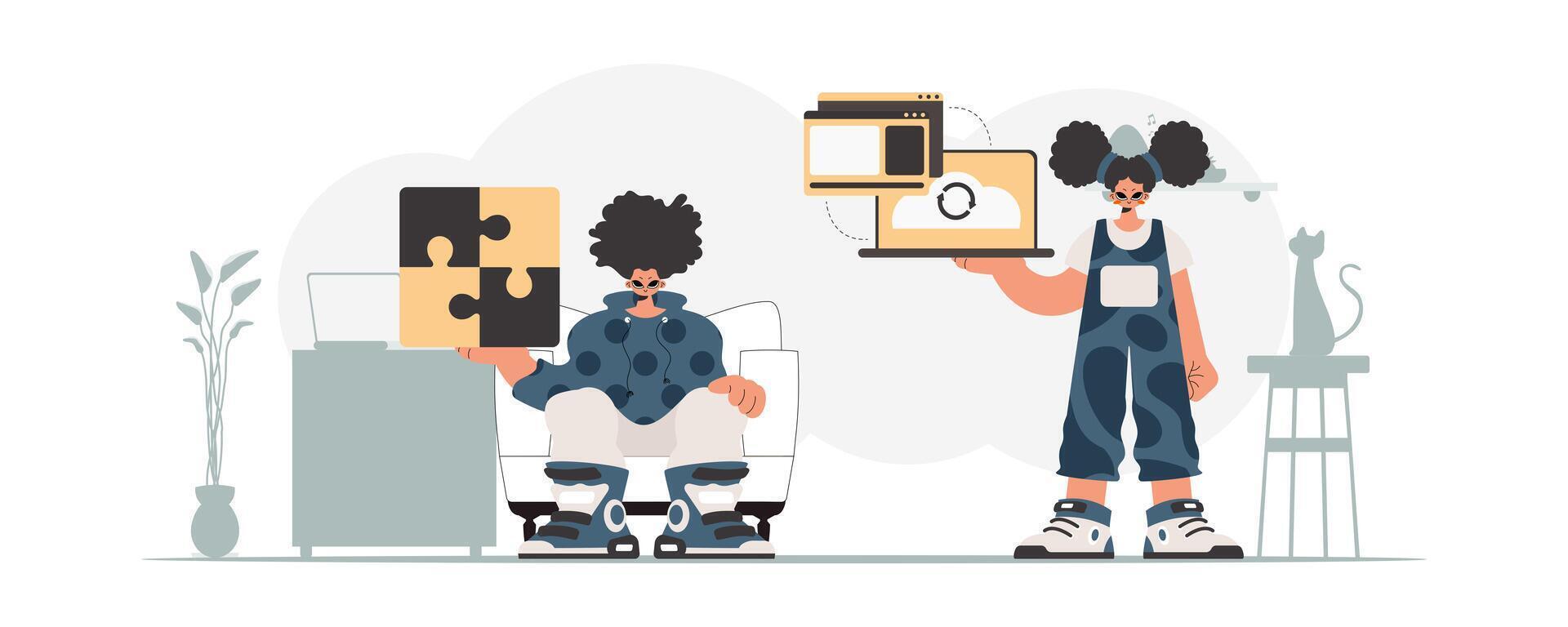 Two people are holding puzzle pieces and a laptop vector