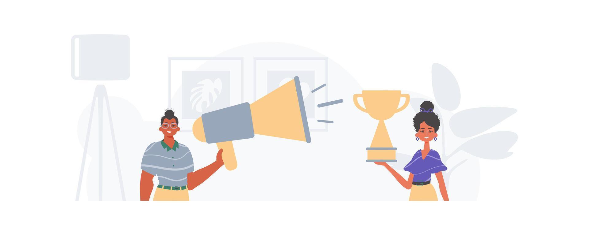 Two people holding a trophy and a megaphone vector
