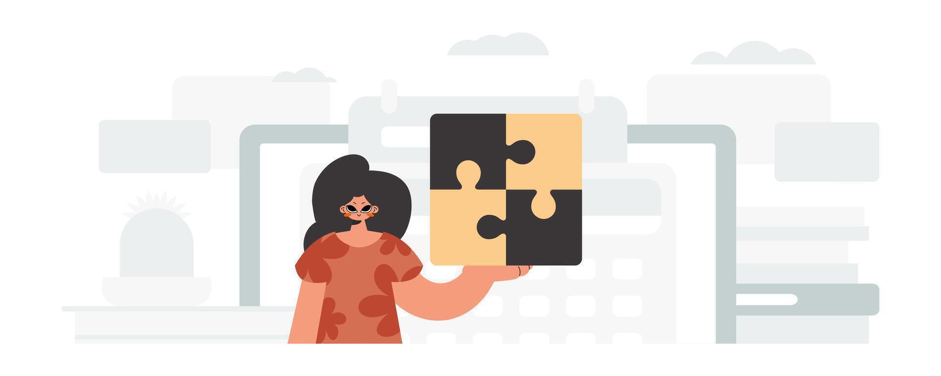 A woman holding a piece of puzzle in front of a computer vector