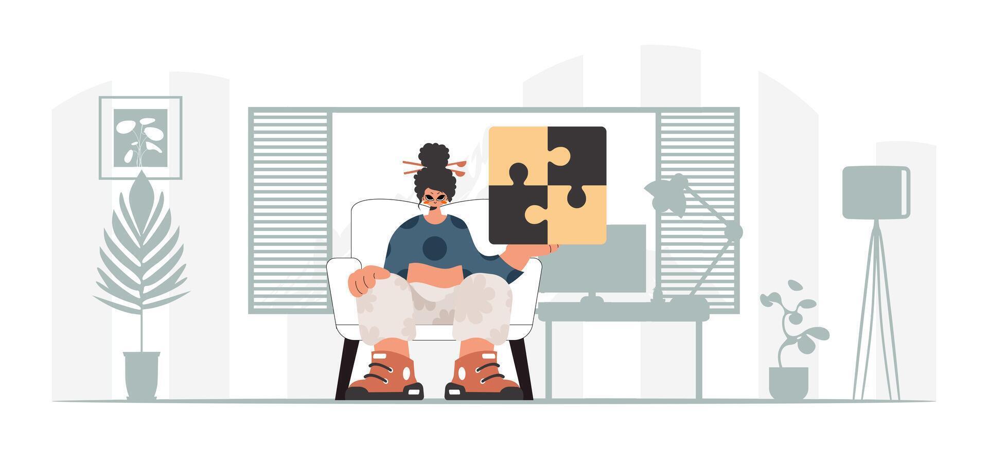 A man sitting in a chair holding a piece of puzzle vector