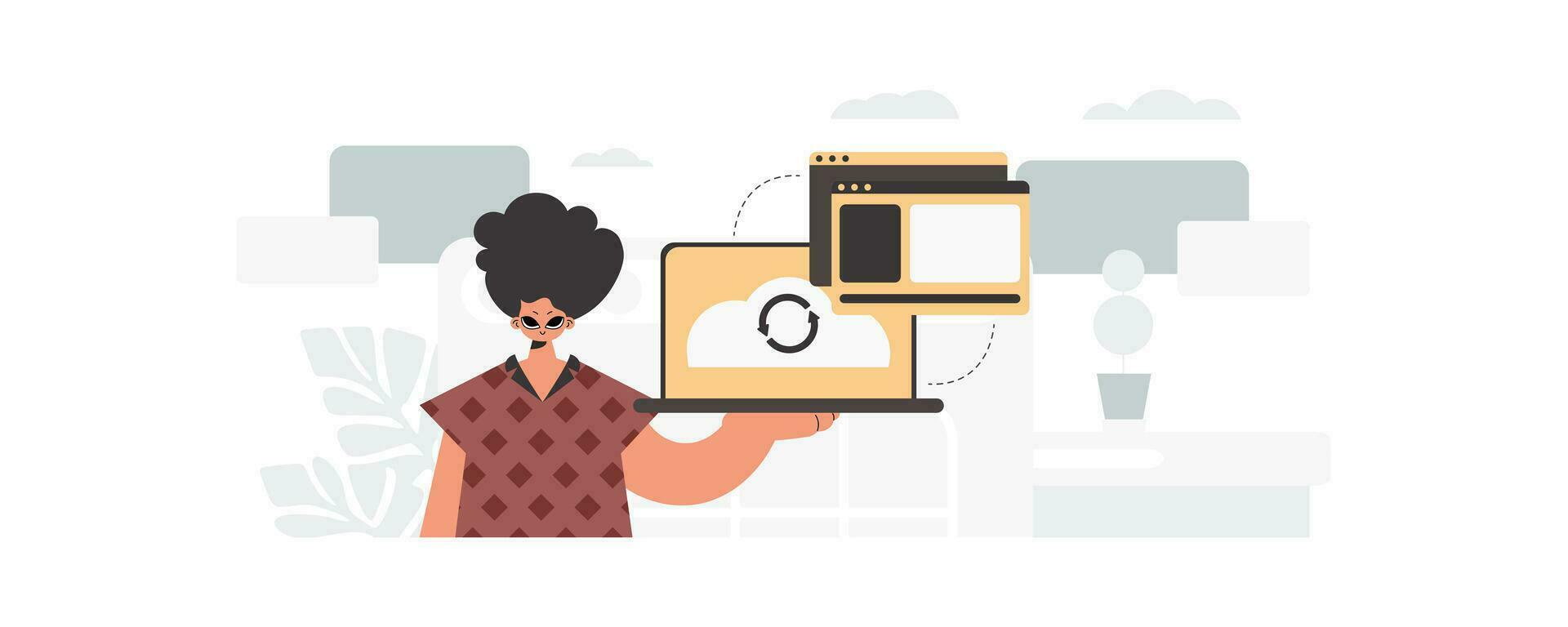 The individual is holding a tablet, which is synchronized with the data capacity. Trendy style, Vector Illustration