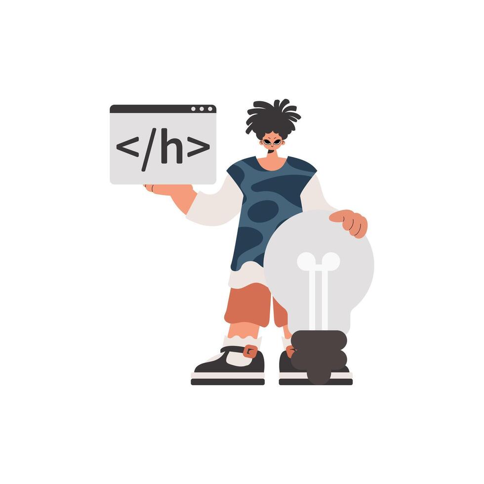 A cartoon man holding a light bulb and a computer vector