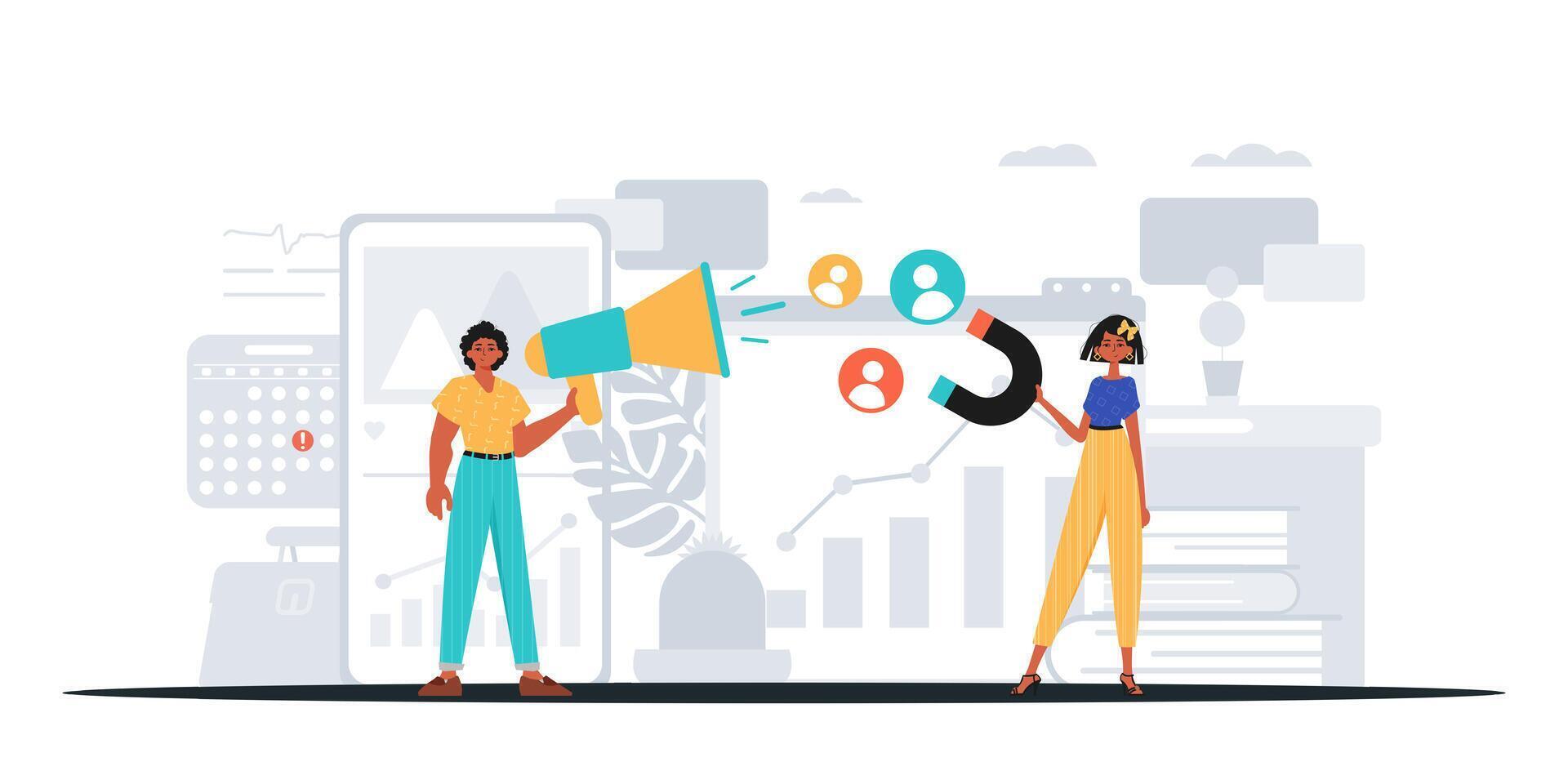 Two people are holding a megaphone and talking to each other vector