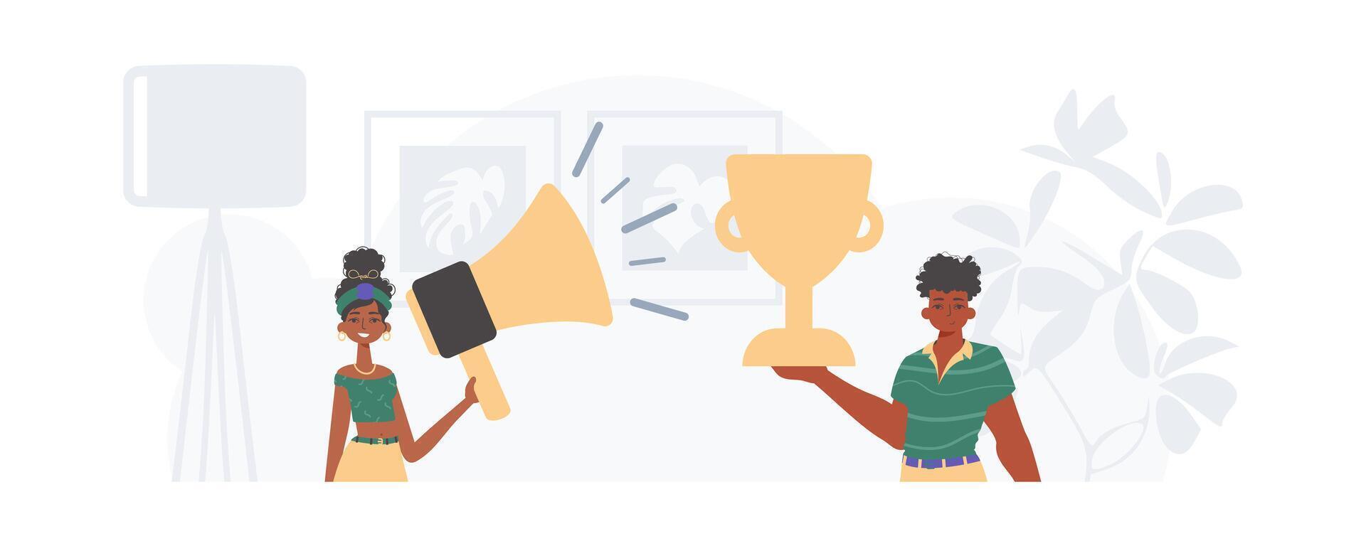 Two people holding up a trophy and a megaphone vector